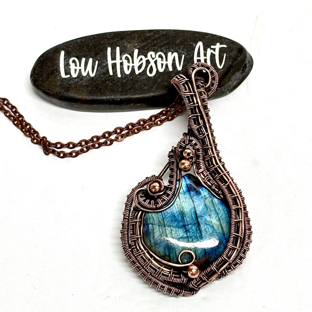 HAND CRAFTED Labradorite Wire Wrapped Copper Heady Statement Pendant Necklace - Picture 3 of 10
